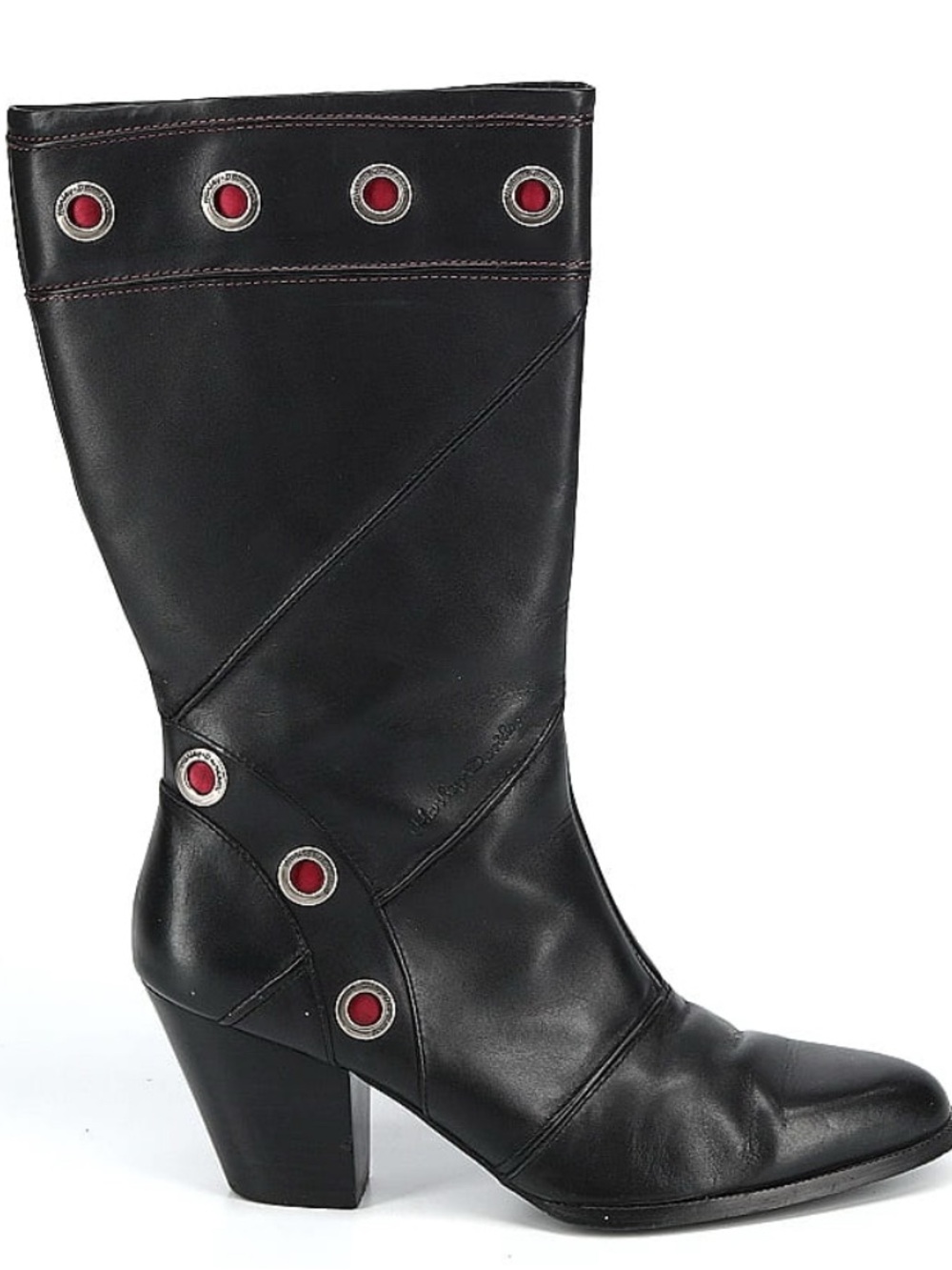 Harley-Davidson Black Leather Mid-Calf Boots with Red Eyelet Details
